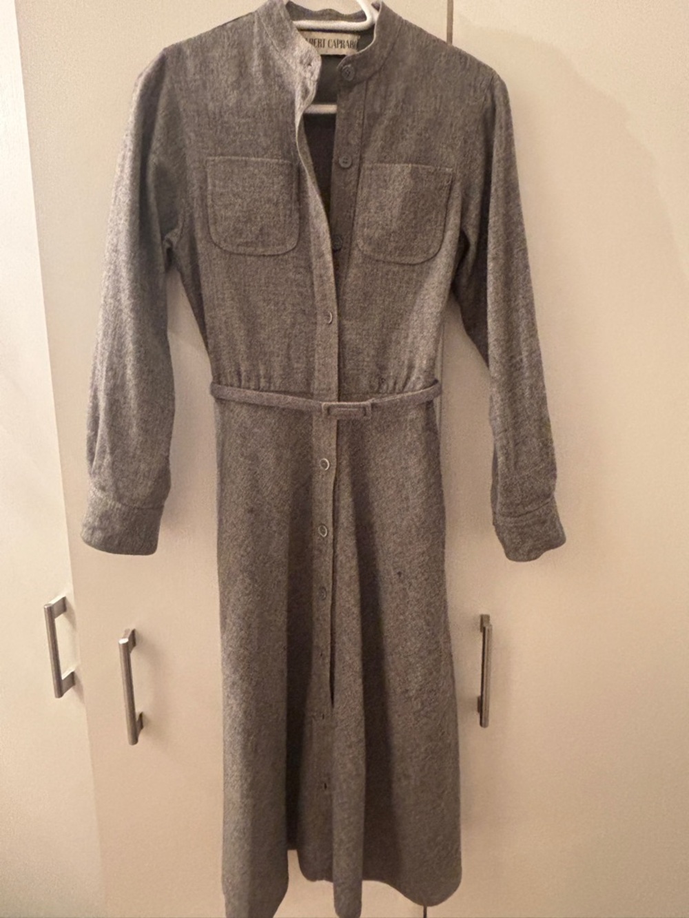 100% wool Gray Long-Sleeve Belted Shirt Dress - Women